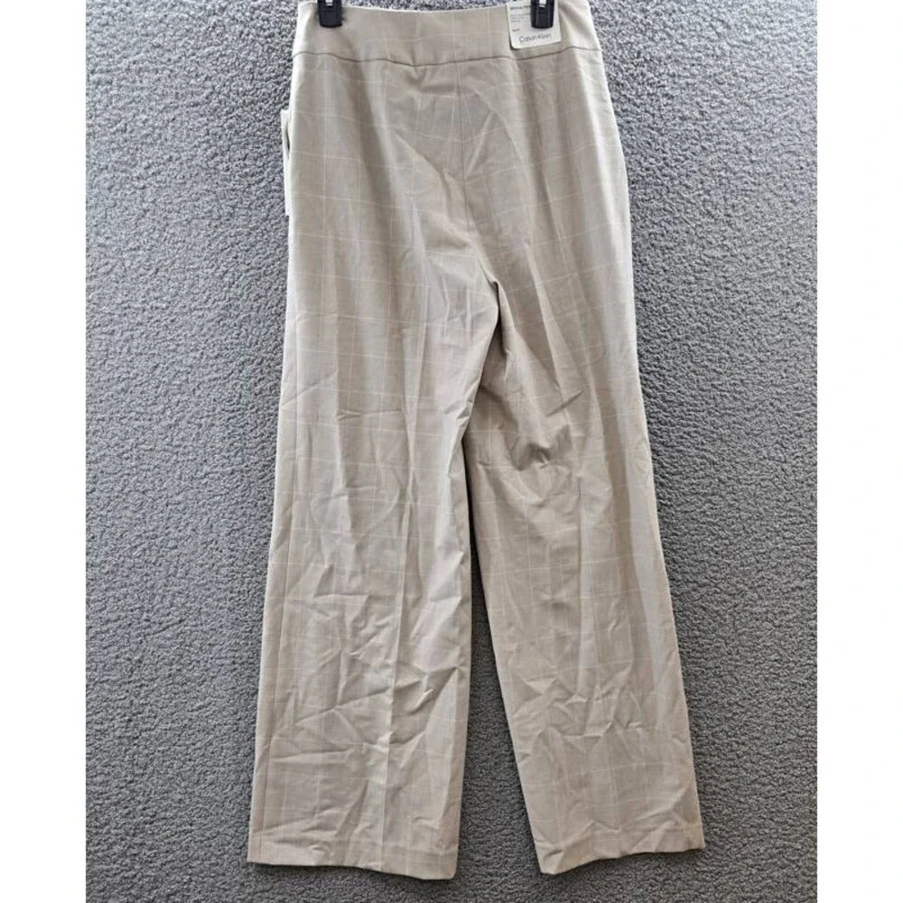 Calvin Klein Windowpane Print Wide Leg Pants Women's 8 Wicker Multi Zip Hook&Bar